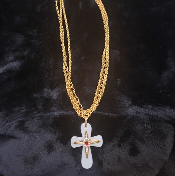 JBK Designer Signed Stone Cross Pendant on Long Ch - Picture 1 of 9